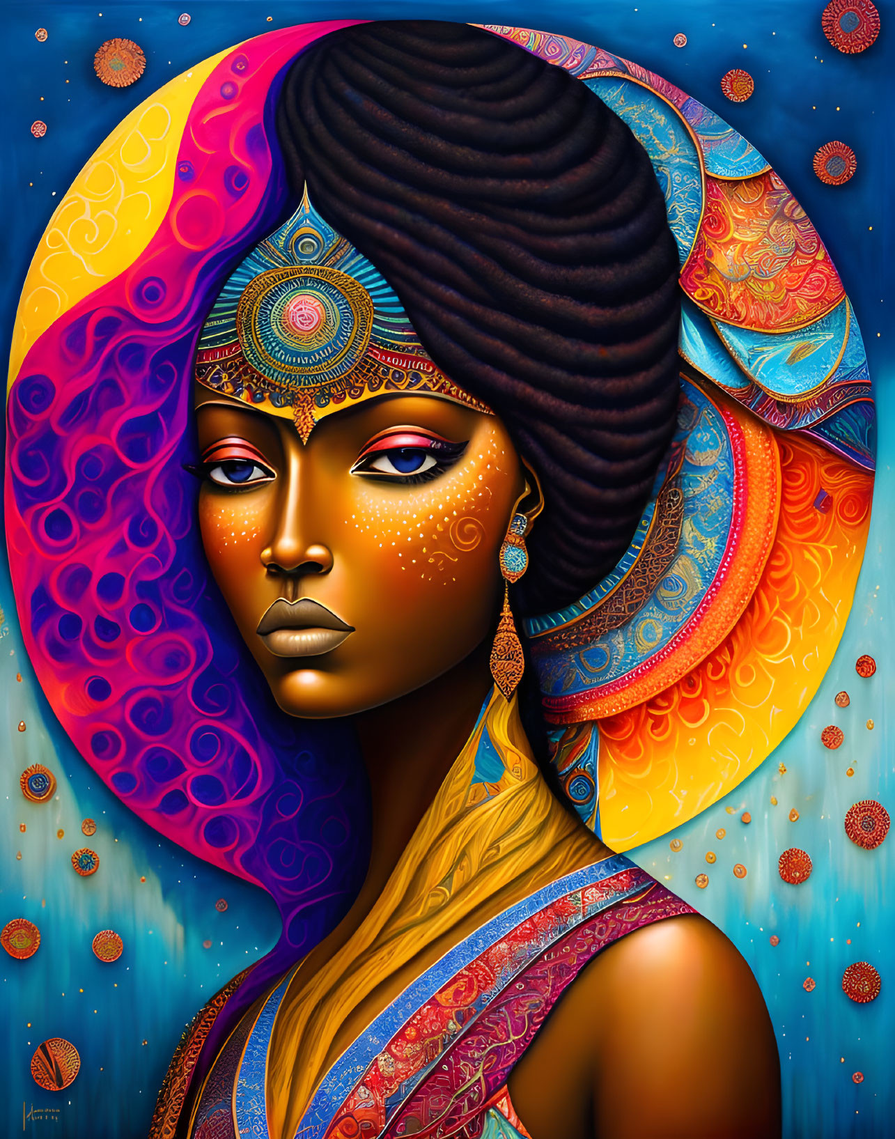 Vibrant digital portrait of woman with headwrap on mandala background