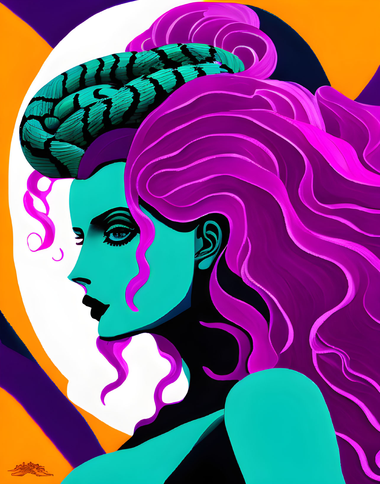 Stylized digital art of woman with purple hair and snake on head