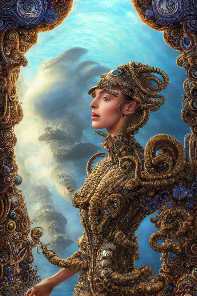 Woman in ornate tentacle-like headdress against surreal sky backdrop