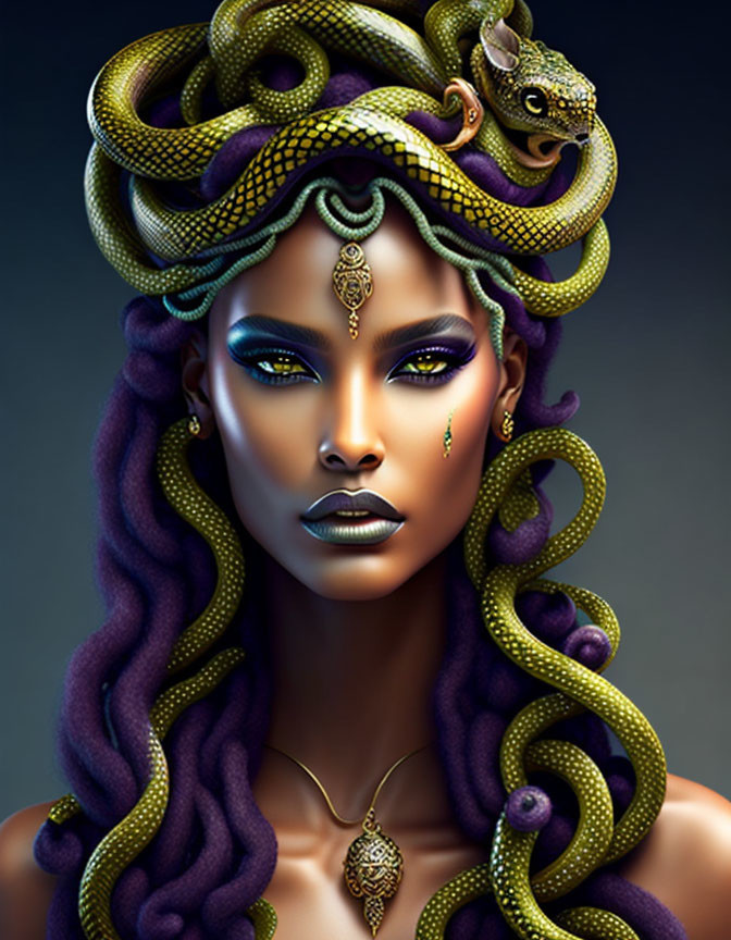 Digital artwork: Woman with snake hair like Medusa, adorned with intricate jewelry.