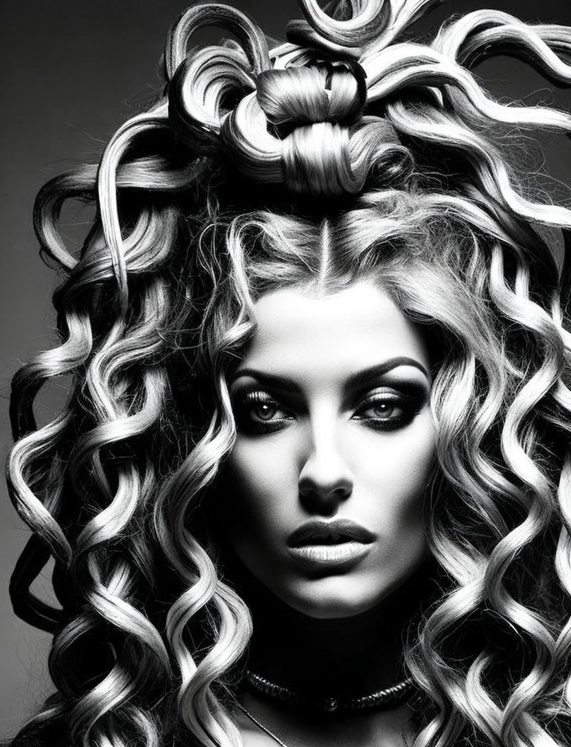 Elaborate monochrome portrait of woman with curly hair and striking makeup