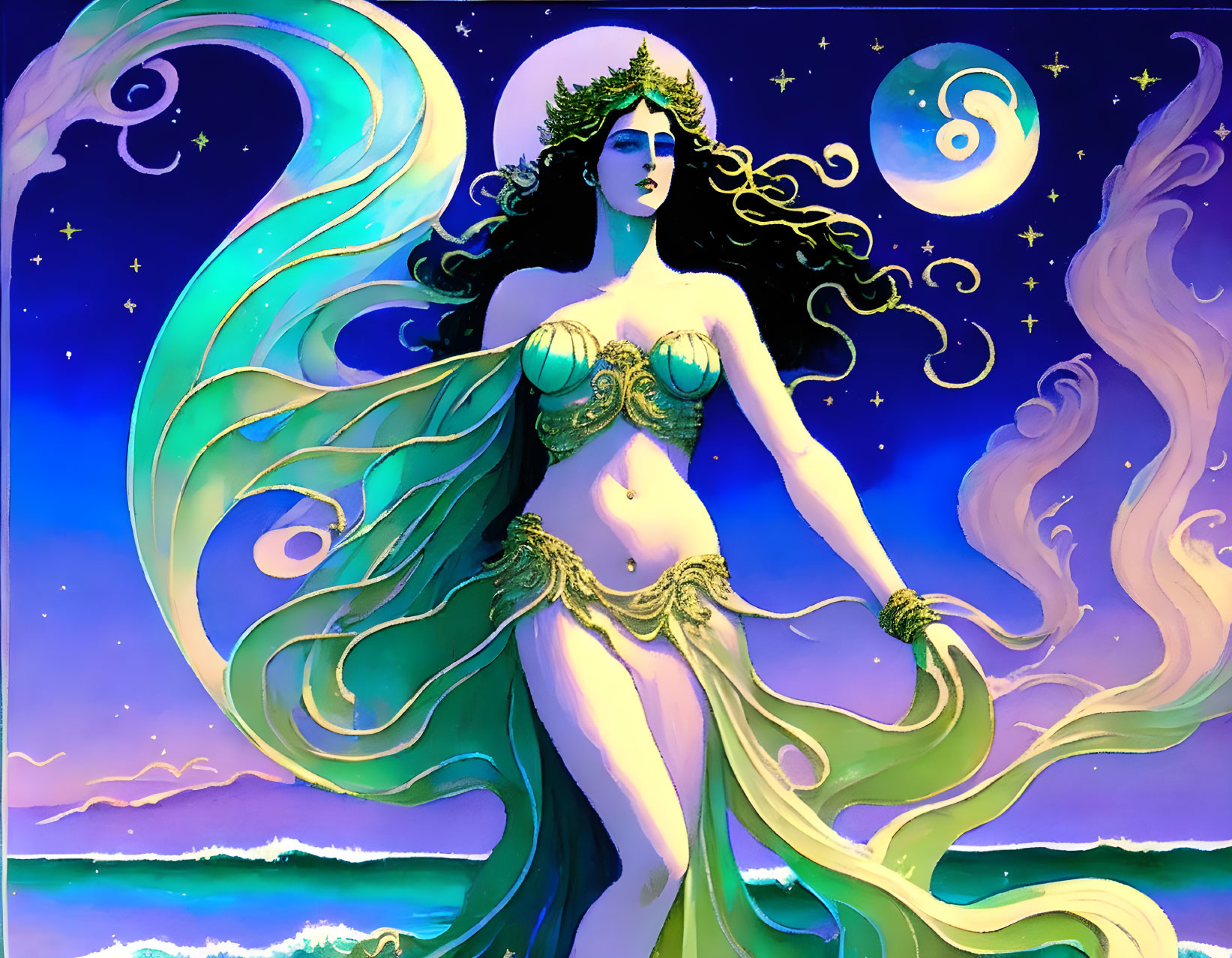 Illustration of mythical woman in crown with starry sky background