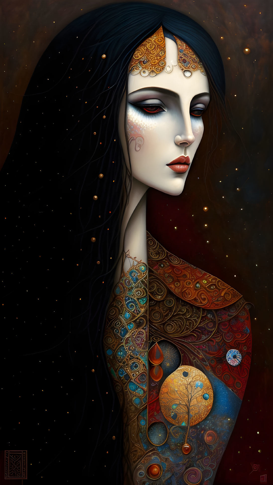 Illustrated portrait of a woman with pale skin, black hair, gold jewelry, and tattoos against cosmic