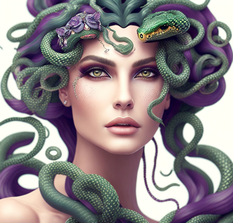 Vibrant purple hair and green snakes in realistic digital portrait