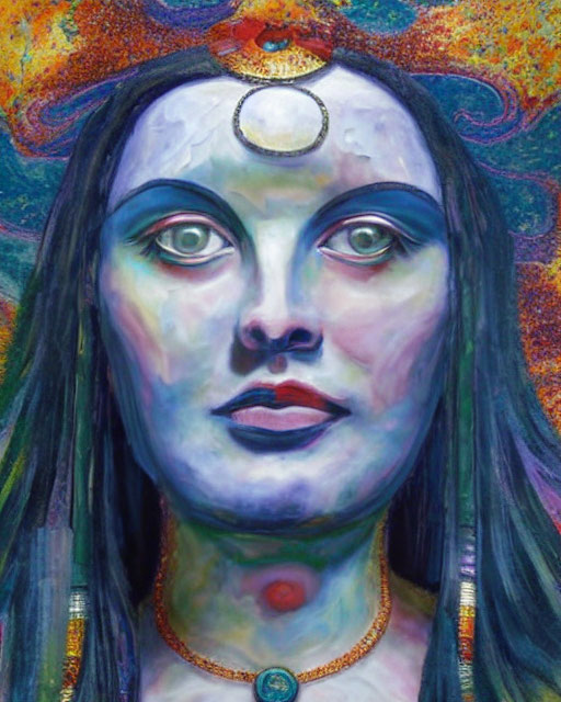 Vibrant painting of mystical woman with blue skin and moon symbol.