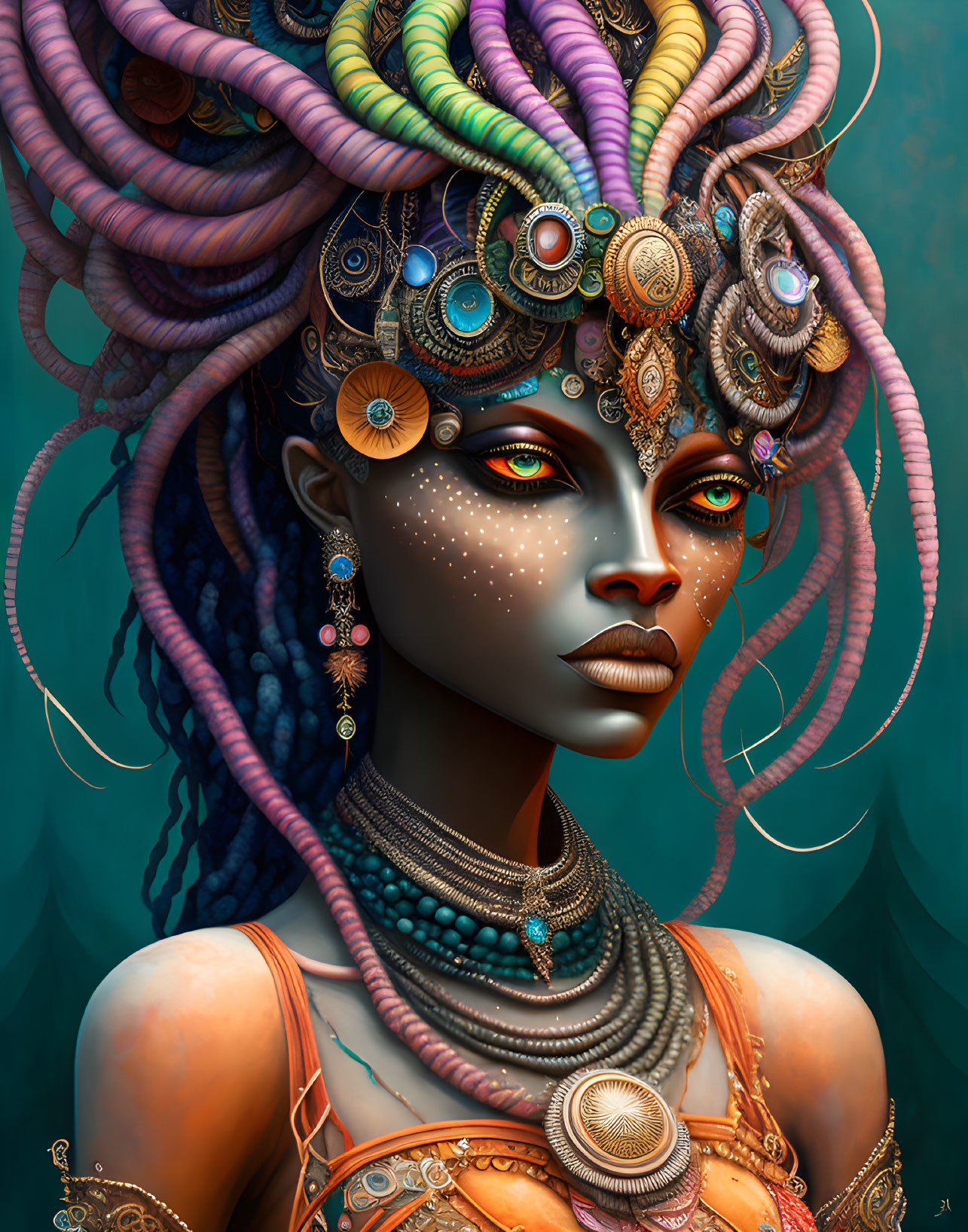 Colorful Digital Artwork Featuring Woman with Intricate Headdress