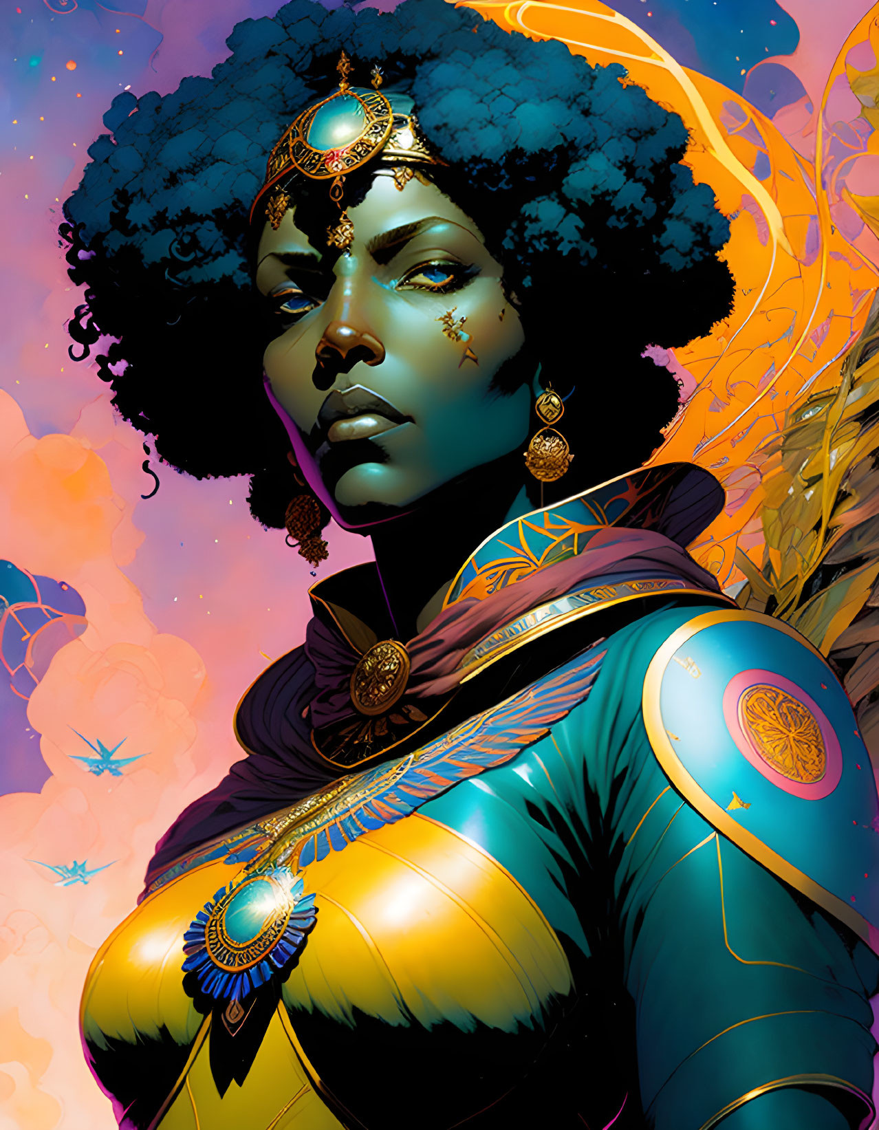 Illustrated woman in regal armor and jewelry with afro hairstyle on vibrant celestial backdrop