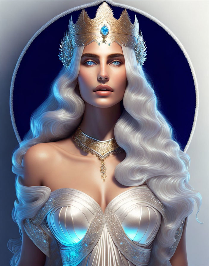 Fantasy queen digital illustration with white hair, blue eyes, gold crown.