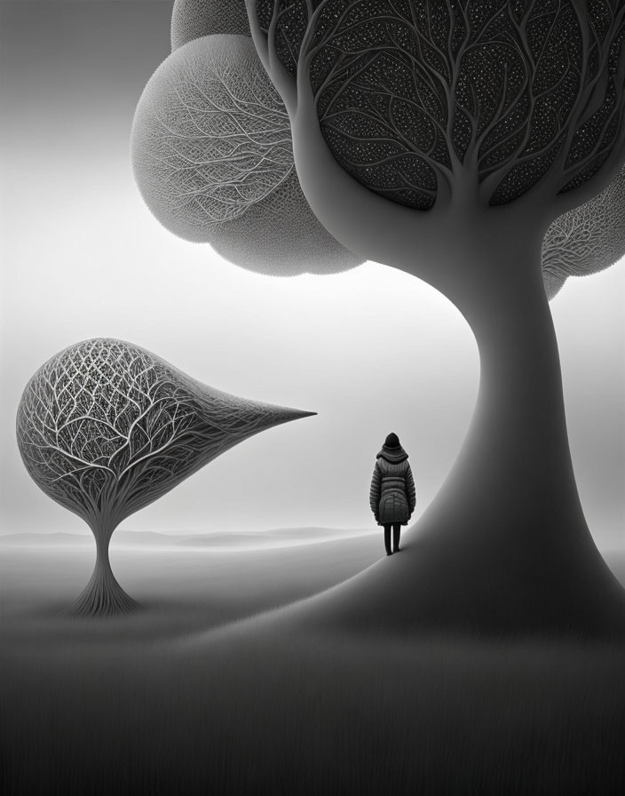 Person in Monochromatic Landscape with Stylized Trees