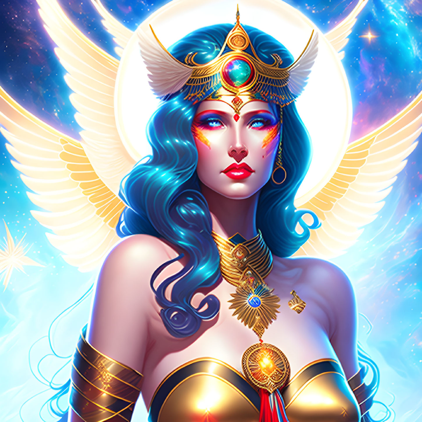 Stylized digital artwork of woman with blue hair and golden armor