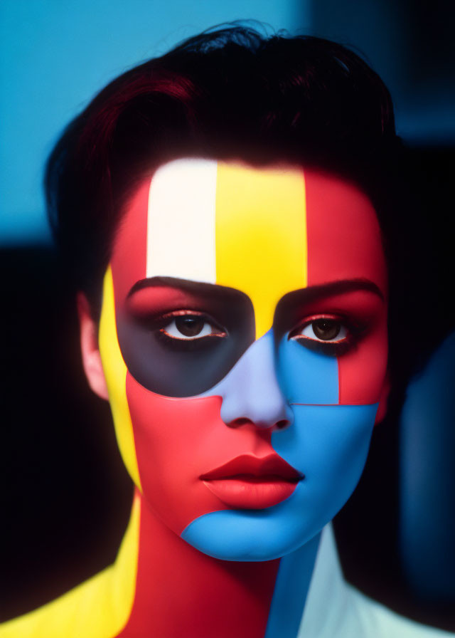 Colorful geometric makeup on woman's face against blue background