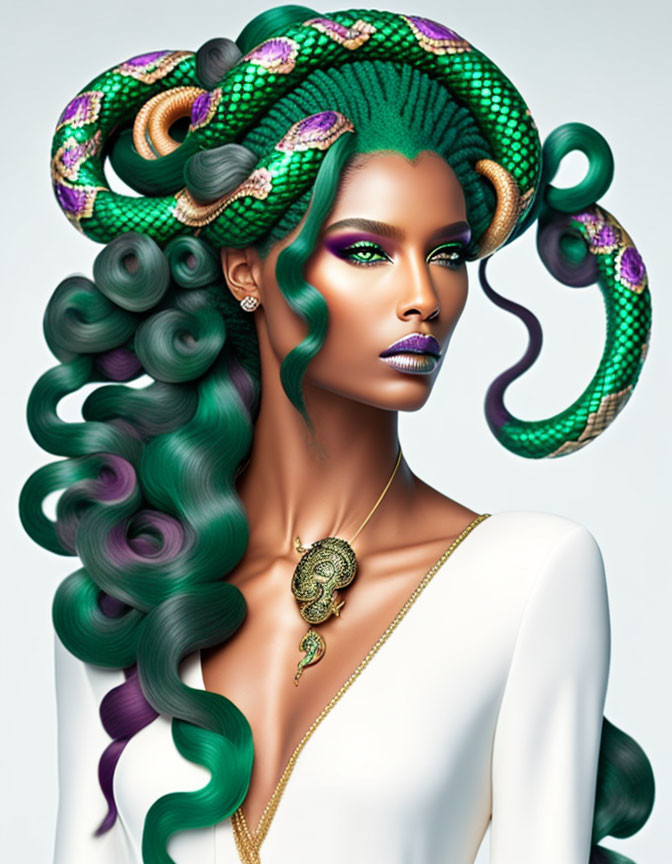 Woman with Vibrant Green Snake Hair and Gold Jewelry