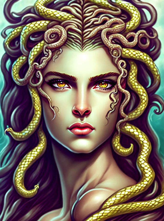 Vibrant illustration of a Medusa-like figure with serpent hair and red eyes