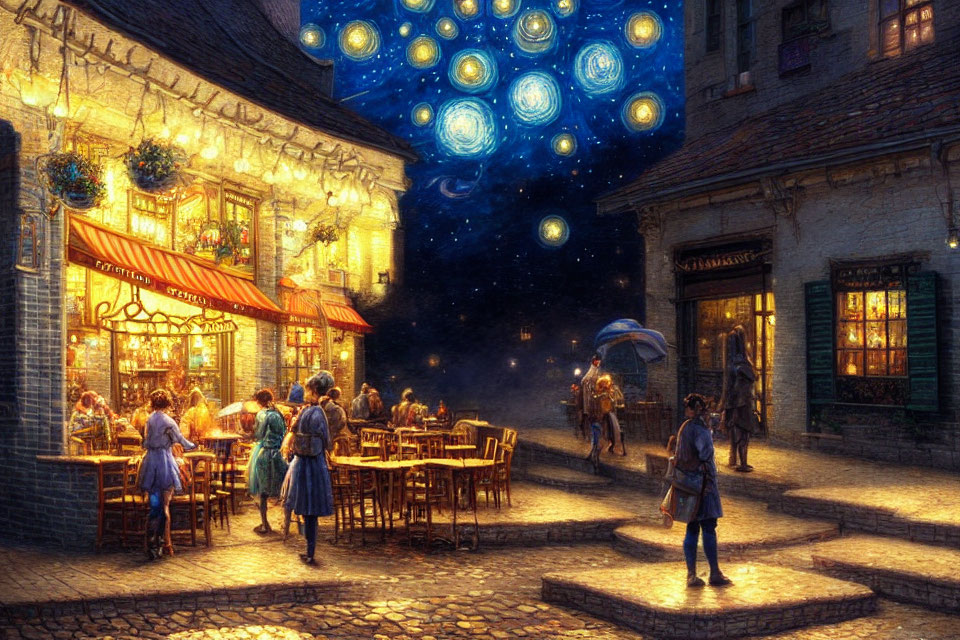 Night scene with people dining at outdoor café under surreal star-filled sky