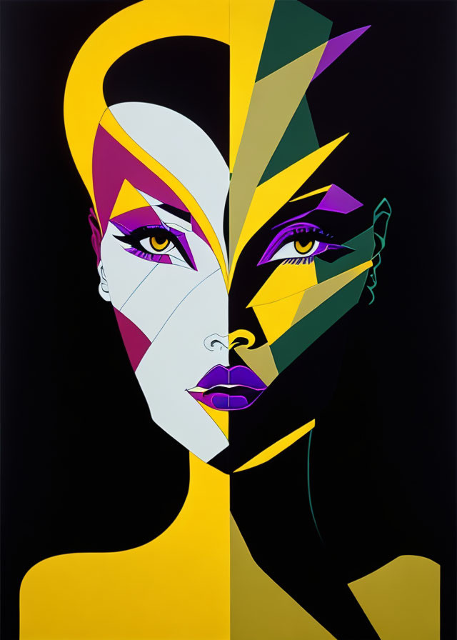 Geometric portrait with overlapping faces in yellow, black, purple, and green palette