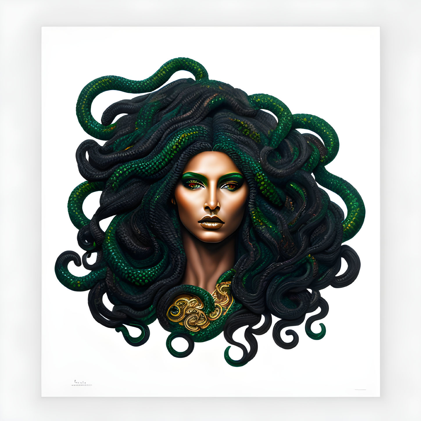 Stylized portrait of woman with dark hair and green snakes on white background