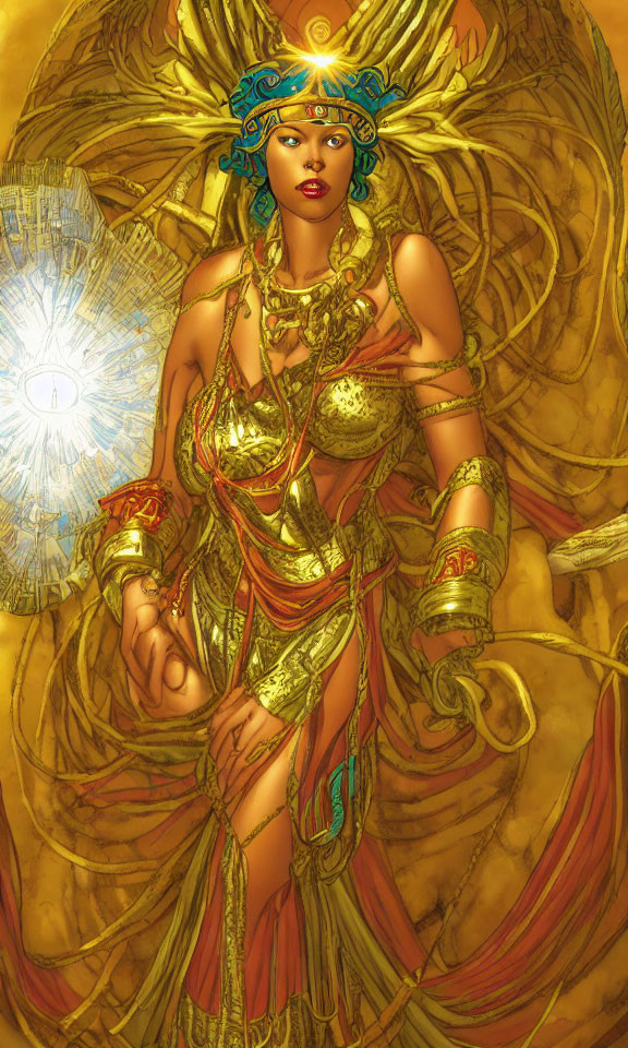Regal Figure in Golden Attire with Sun Emblem Radiating Mystical Aura