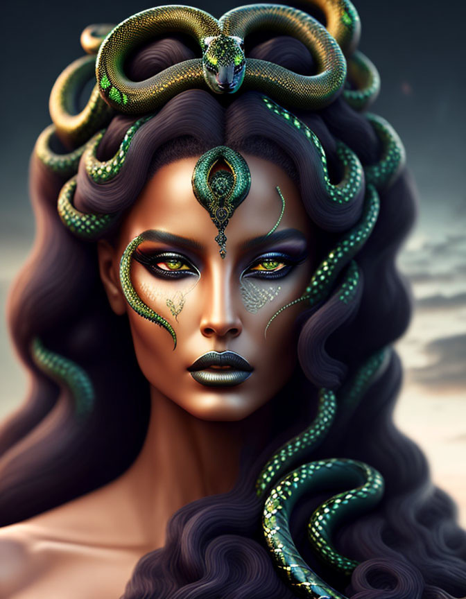 Elaborate snake-themed makeup woman with live snake in hair on dark background