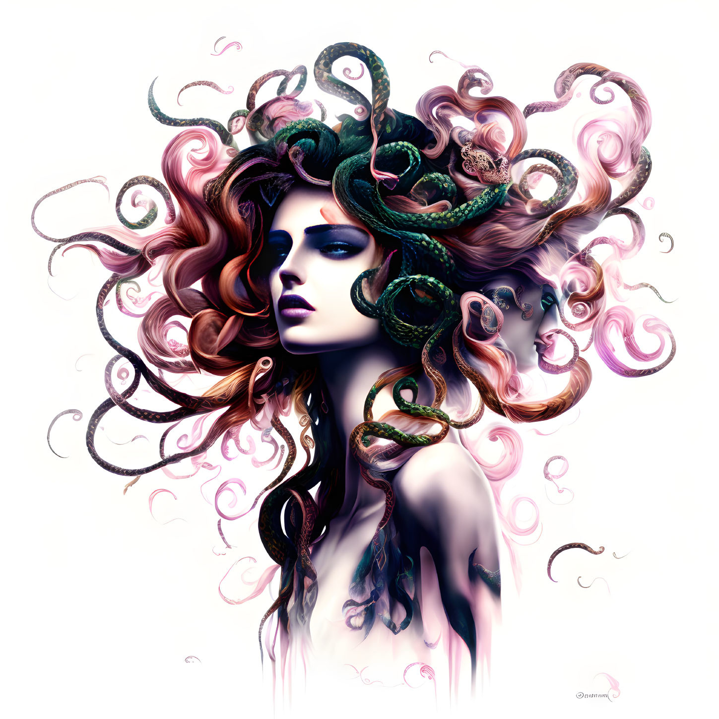 Surreal portrait of woman with snakes in curly hair and pastel colors