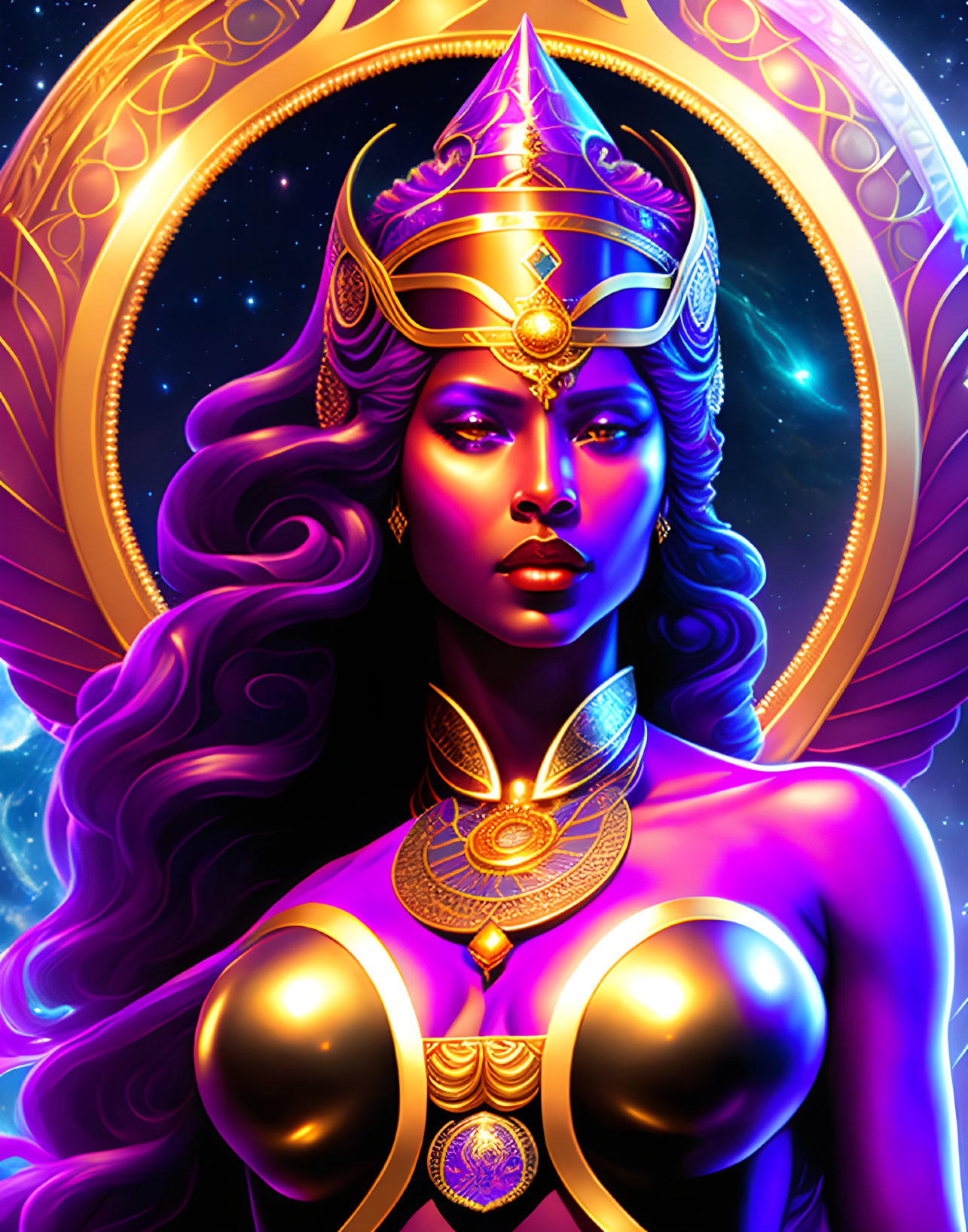 Colorful digital portrait of woman with purple hair and golden armor in cosmic setting