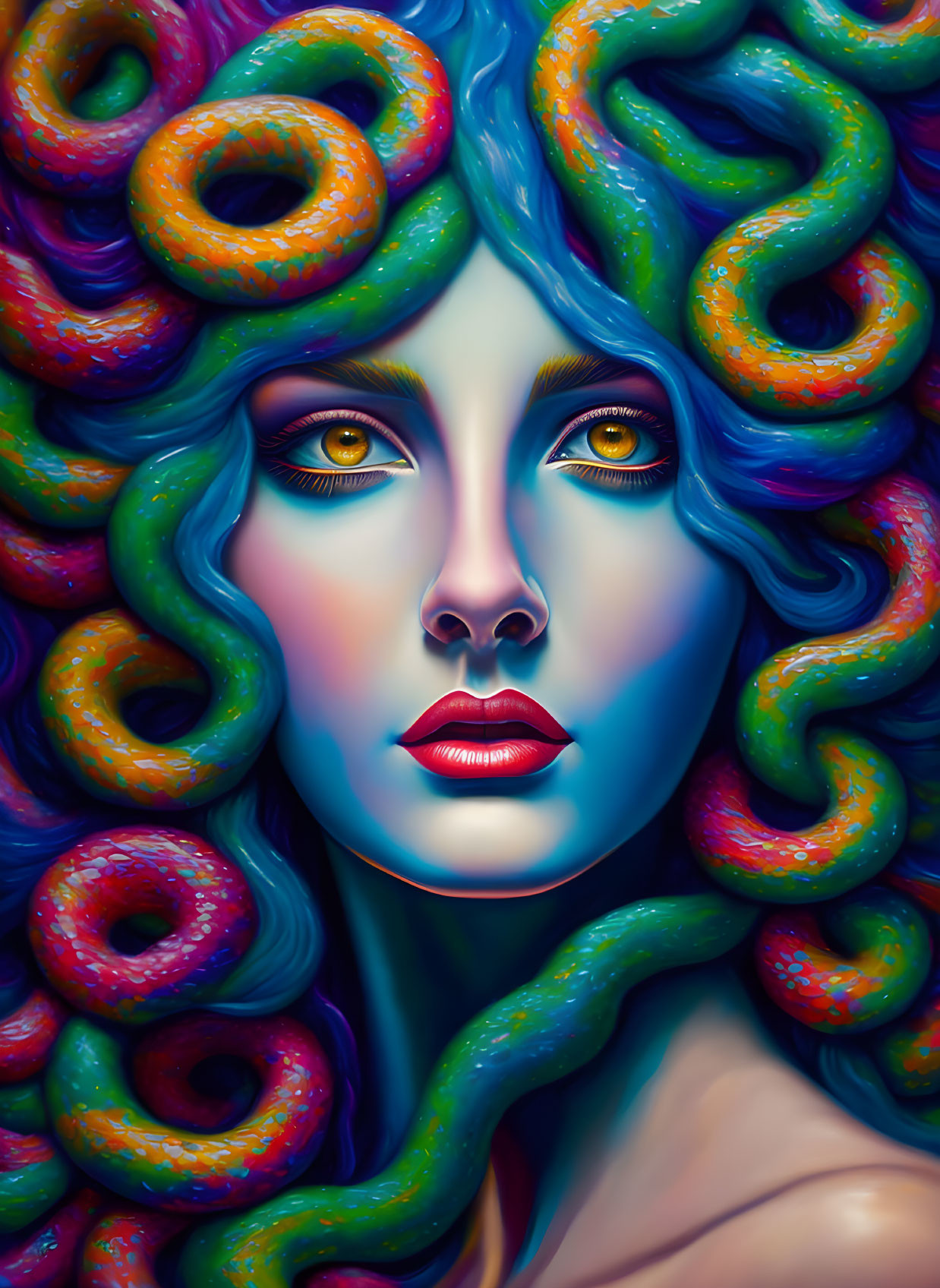 Colorful digital artwork: Blue-skinned woman with multicolored doughnut curls, golden eyes,