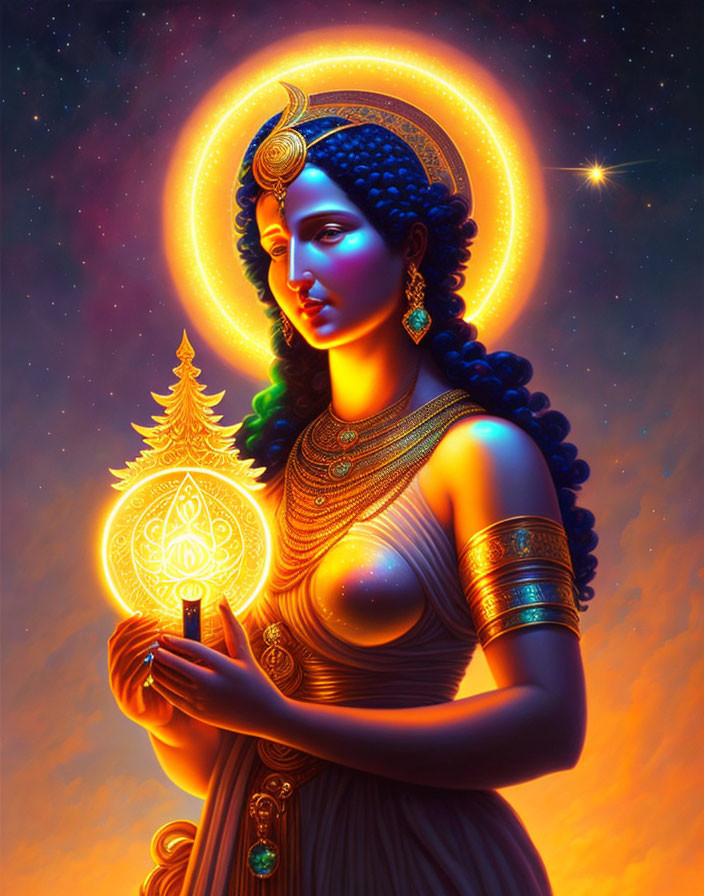 Illustration of blue-skinned woman in Indian attire with glowing lamp