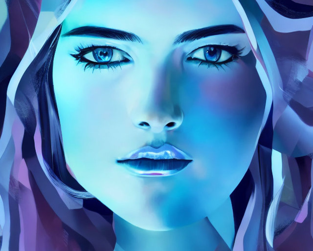 Vibrant digital art portrait of woman with blue and purple hues