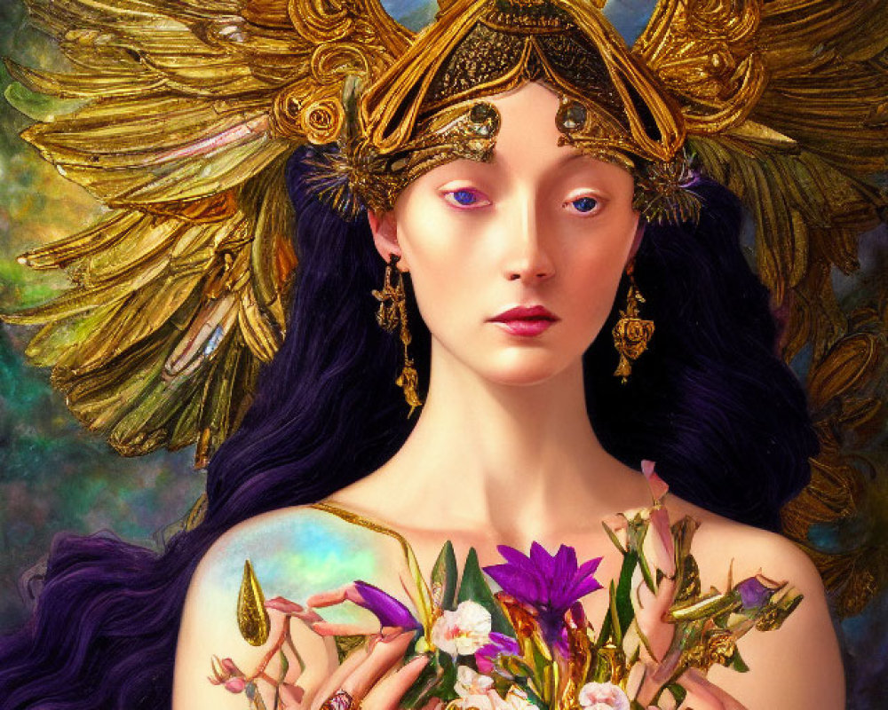 Fantasy portrait of woman with golden headgear, purple hair, holding vase, radiant wings, eth