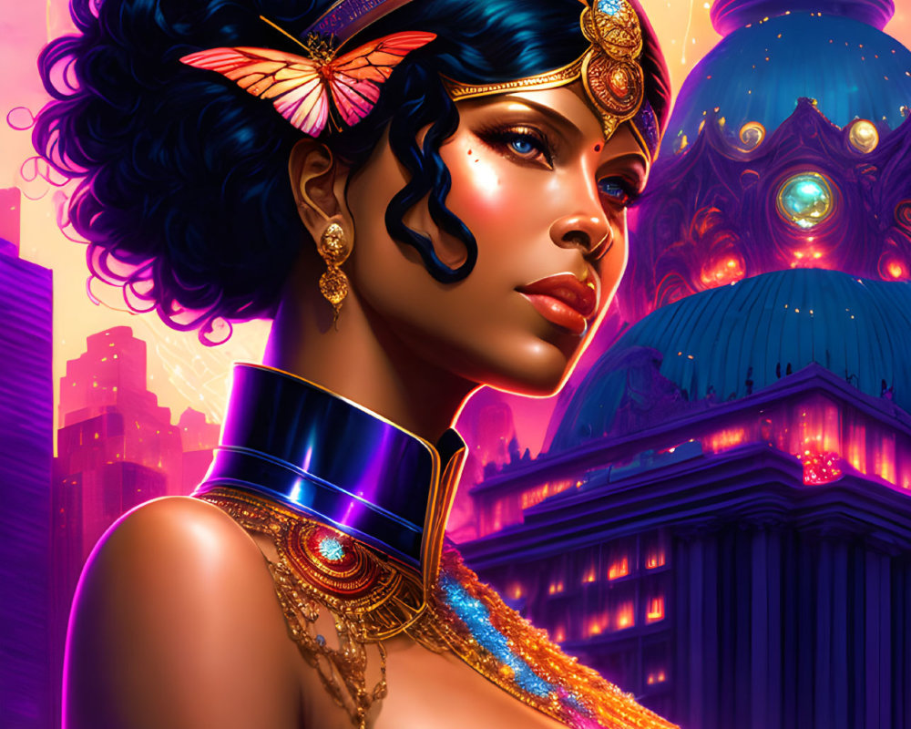 Stylized portrait of woman with golden jewelry and futuristic collar against neon-lit cityscape