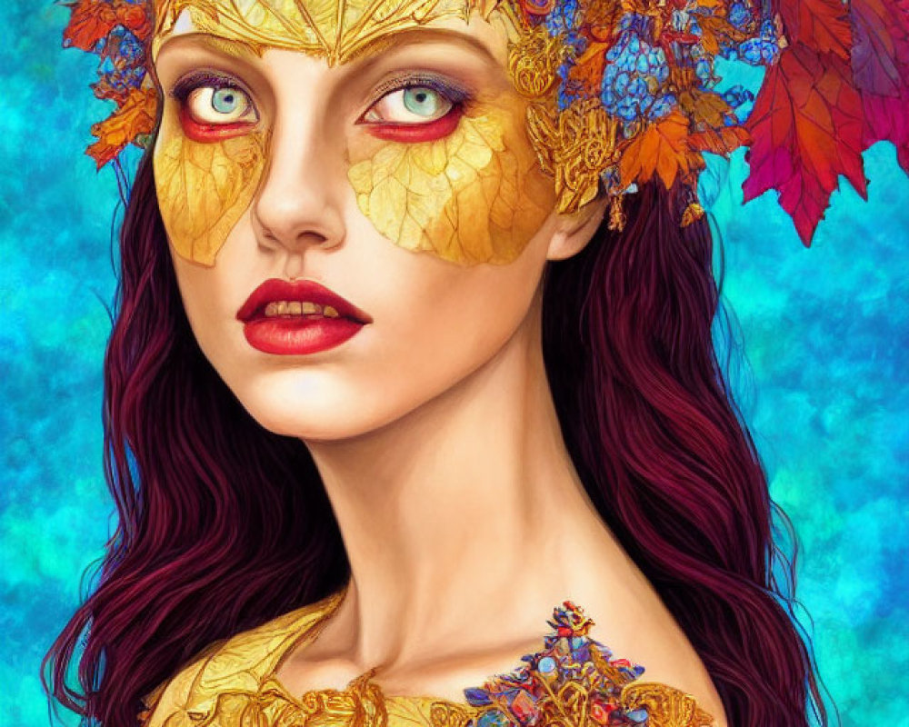 Colorful illustration of woman with red hair and golden leafy accessories on turquoise background