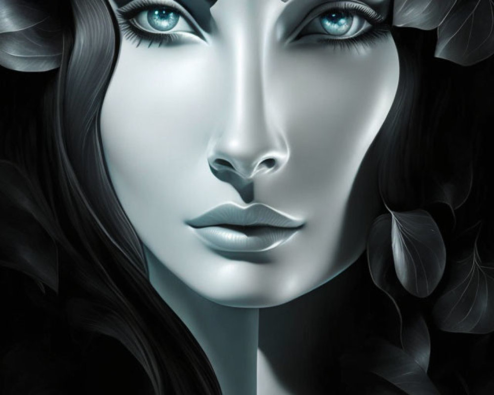 Digital Artwork: Female Figure with Striking Blue Eyes in Dark Leaves