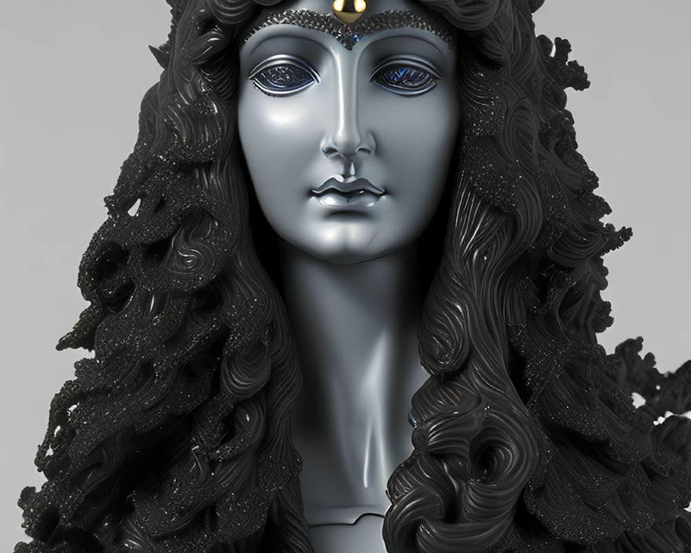 Monochromatic statue of veiled figure with metallic sheen and ornamental headpiece