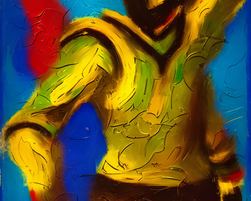 Colorful Abstract Painting of Smiling Humanoid Figure in Dynamic Pose