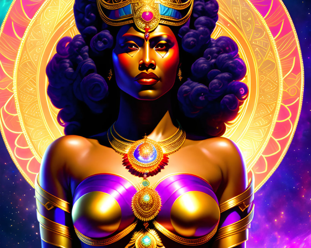 Illustration of majestic woman with golden headdress and cosmic colors