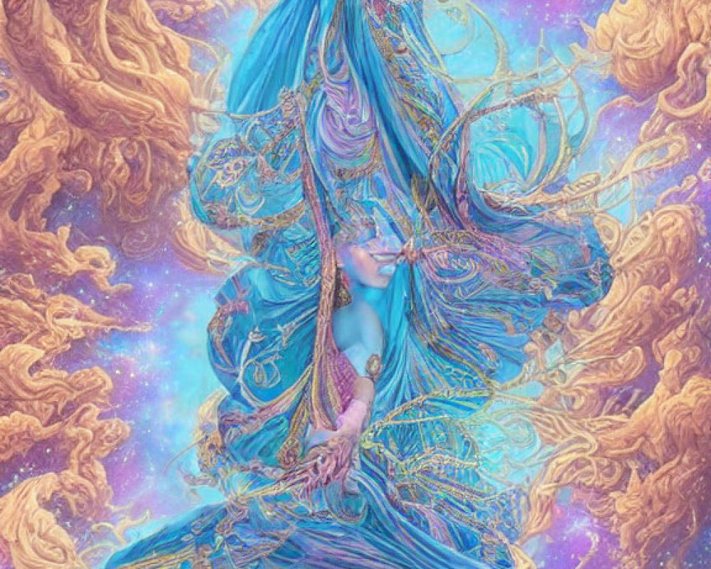 Ethereal figure in blue gown with golden motifs in cosmic backdrop