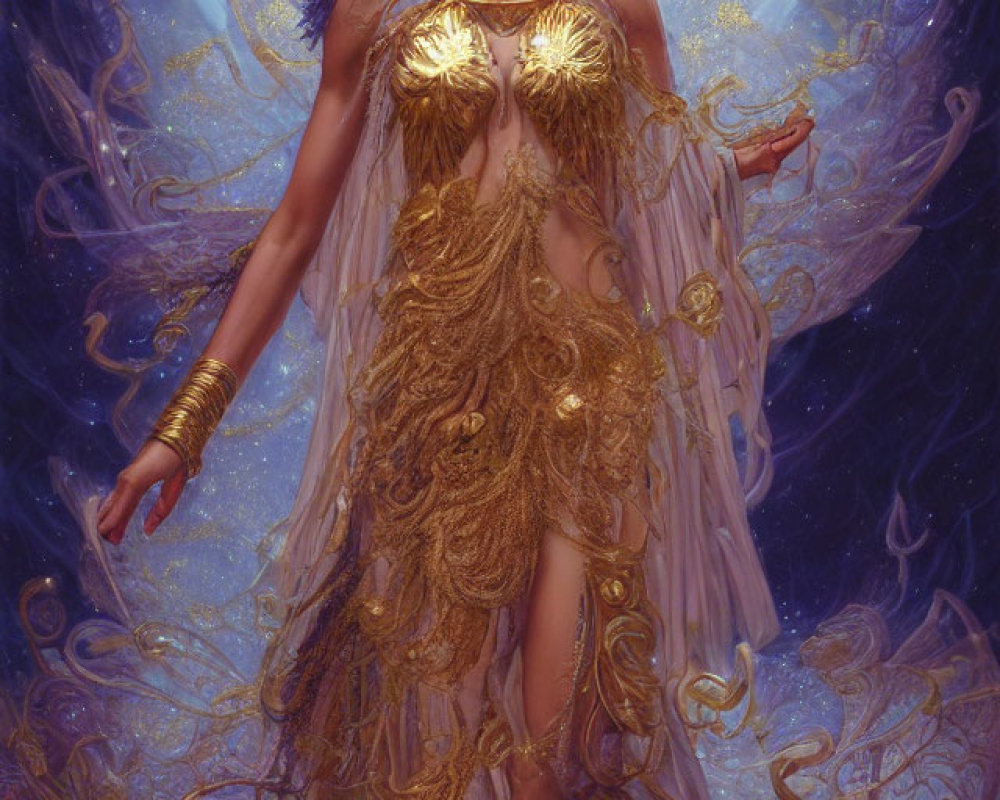 Celestial being in ornate gold headdress and armor against cosmic backdrop