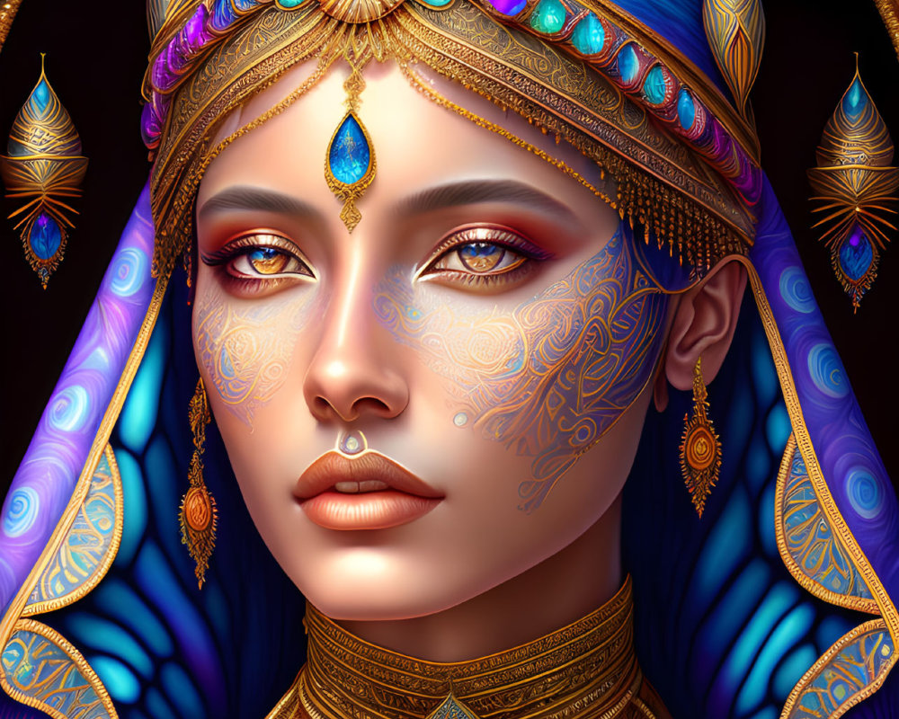 Colorful digital artwork: Woman with blue hair, ornate golden headdress, and jewelry, showcasing