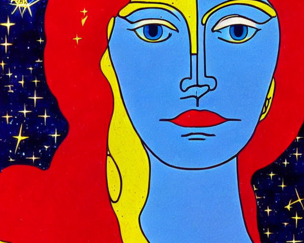 Dual-faced blue figure in colorful stylized portrait with abstract elements