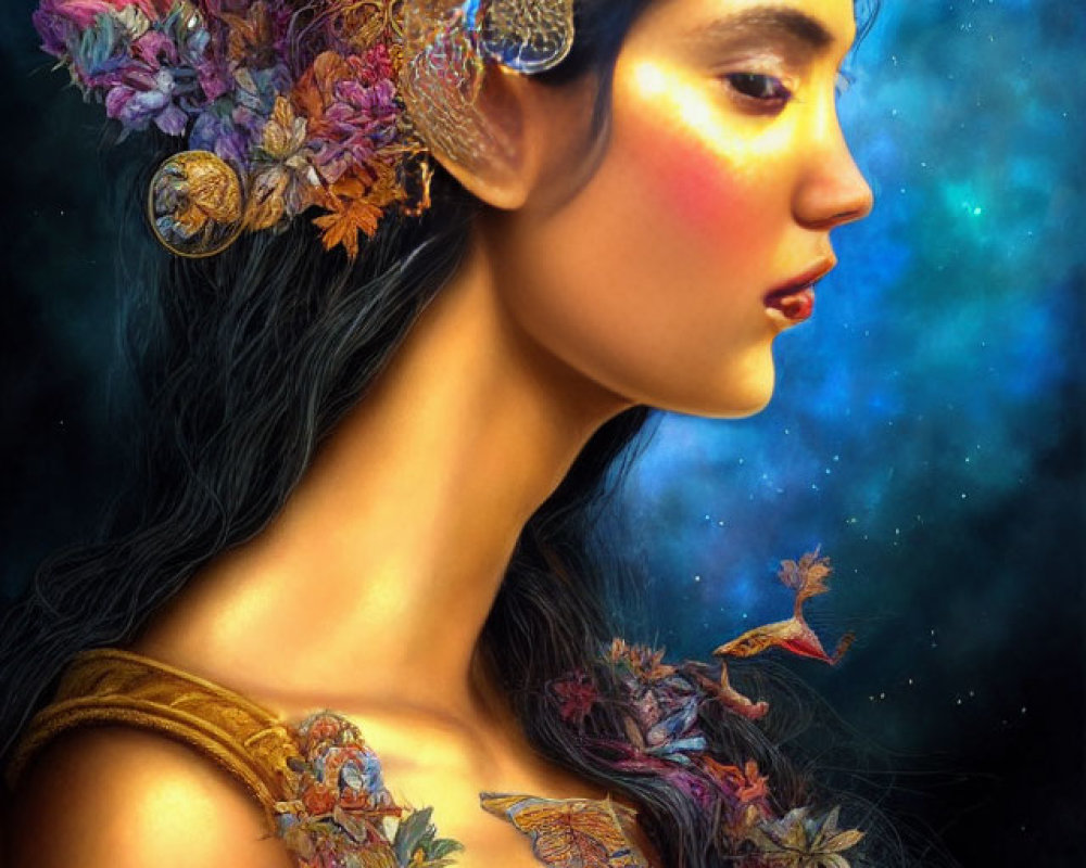 Woman wearing ornate floral crown and shoulder piece in mystical cosmic setting.