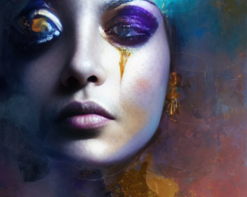 Vibrant abstract makeup in blue, yellow, and purple with colorful backdrop