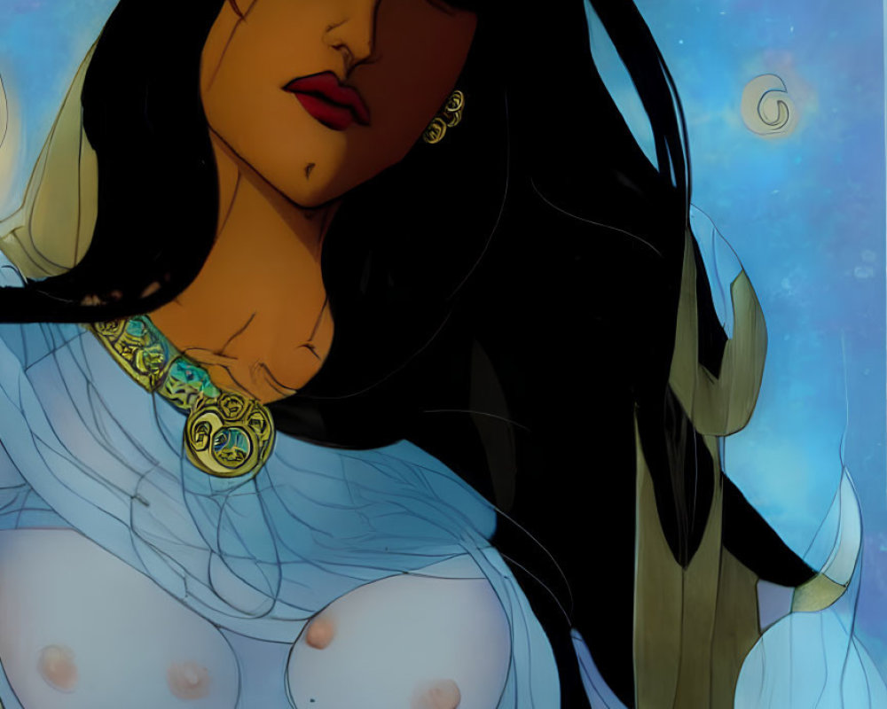 Detailed illustration of woman with dark hair and golden accessories on celestial blue background.