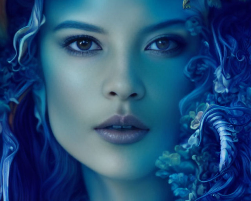 Woman portrait with blue skin and snake-like creatures for a mystical vibe