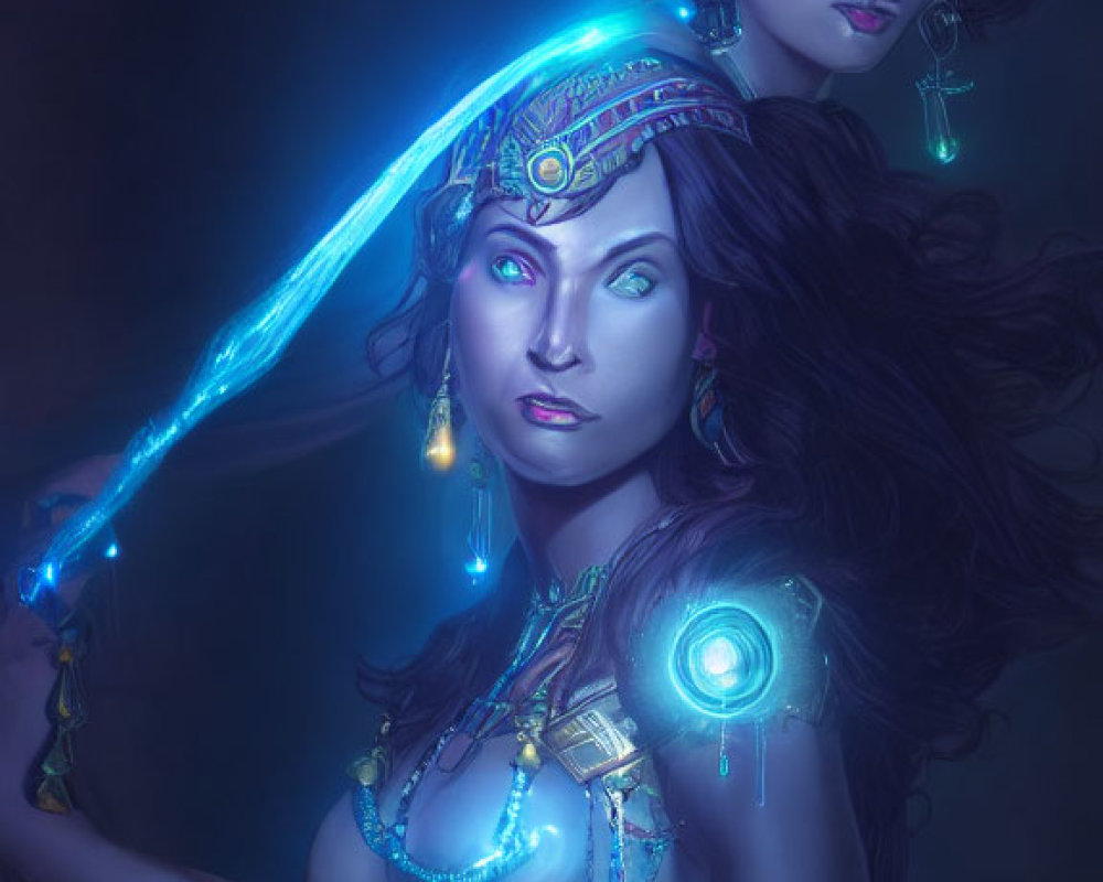 Futuristic women with glowing blue tattoos and cybernetic enhancements on dark background