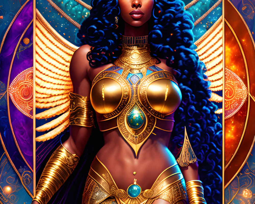 Regal Woman in Golden Armor and Turquoise Gems on Cosmic Background