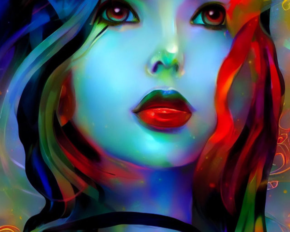 Colorful portrait of a woman with neon hues and red lips