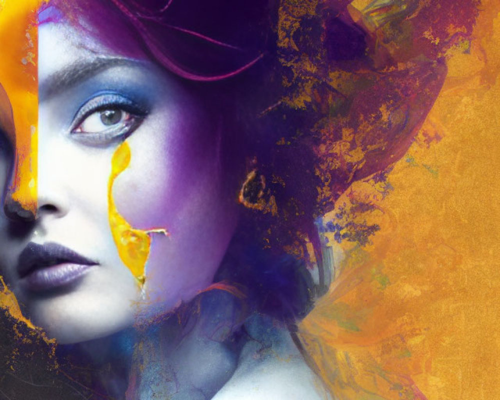 Colorful artistic makeup on woman blending yellow and purple hues on abstract golden background