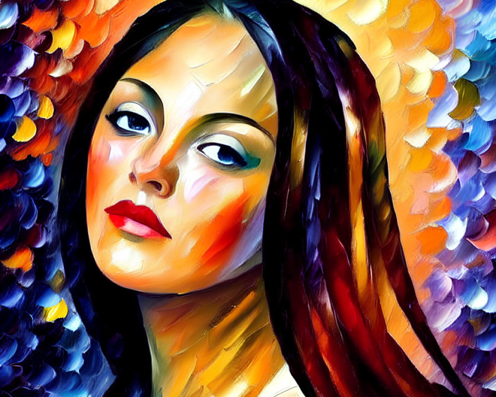 Vibrant painted portrait of a woman with long brown hair and intense gaze