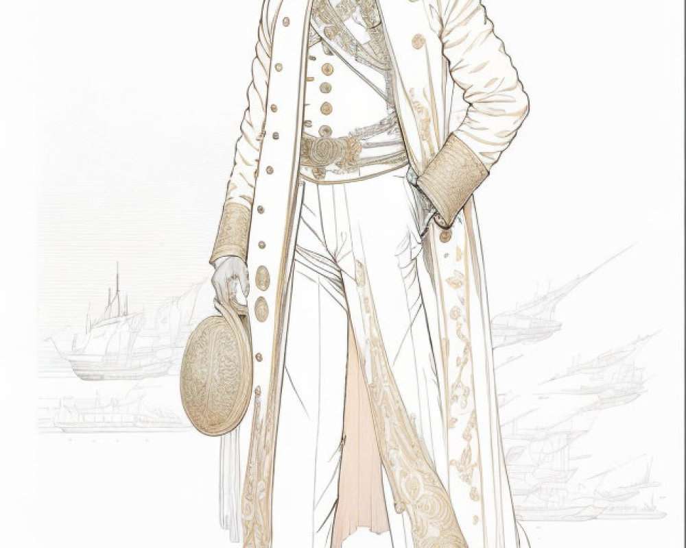 Detailed Historical Naval Uniform Figure Holding Hat Against Ships Backdrop