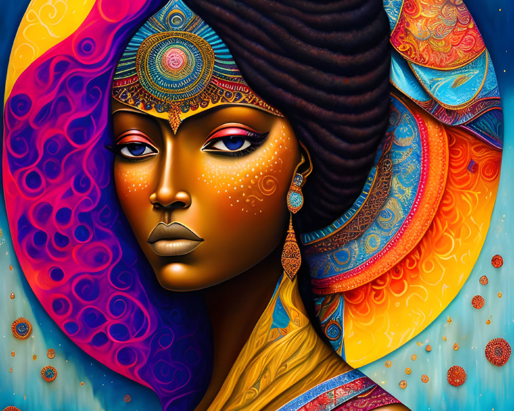 Vibrant digital portrait of woman with headwrap on mandala background