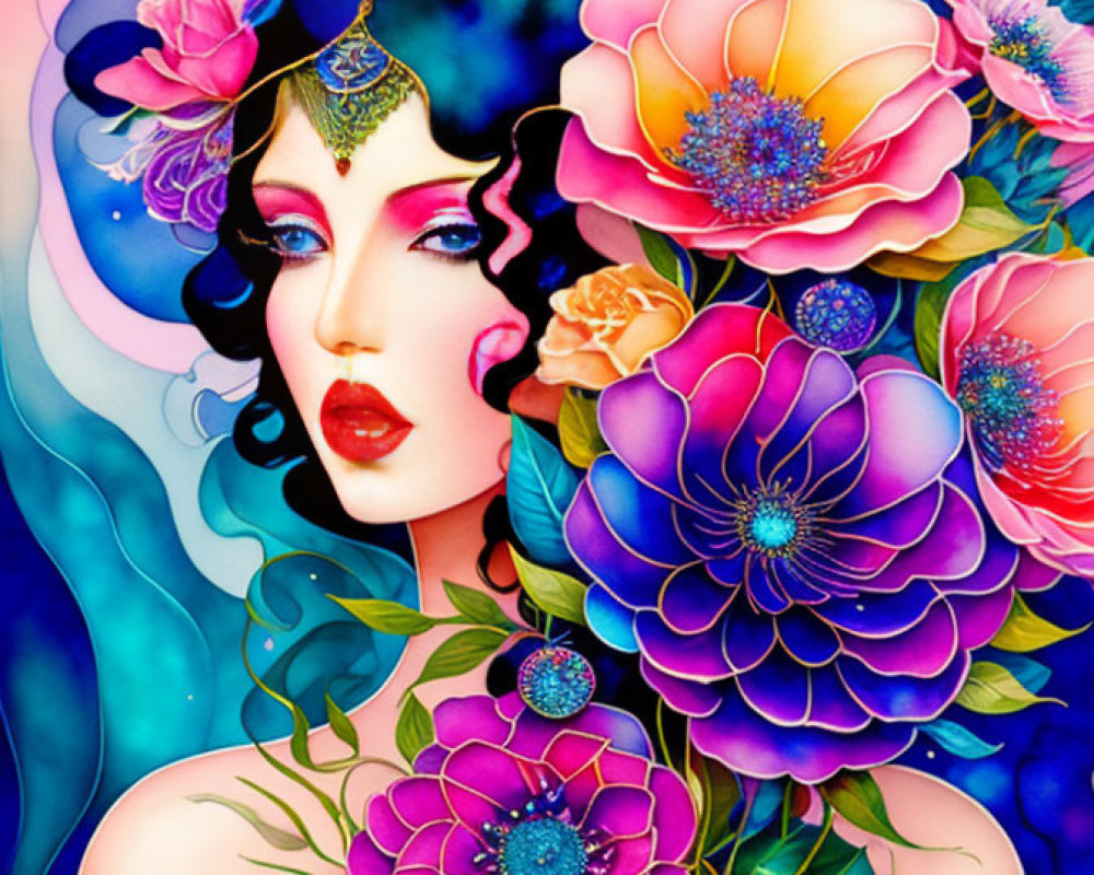 Colorful Woman Illustration with Floral Surroundings